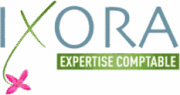 Logo IXORA Expertise Comptable, lettrage gris et lettre X en tige verte avec une petite fleur rose.