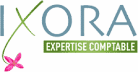 Ixora Expertise Comptable : Logo Cabinet de Comptabilité Logo IXORA Expertise Comptable, lettrage gris et lettre X en tige verte avec une petite fleur rose.